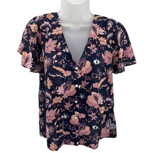 Trovata Birds Of Paradis Navy Floral Flutter Sleeve Button Top Blouse Womens S
